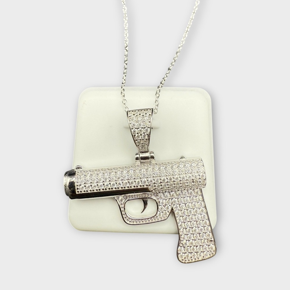 Sterling Silver Moissanite Pistol Pendant Necklace